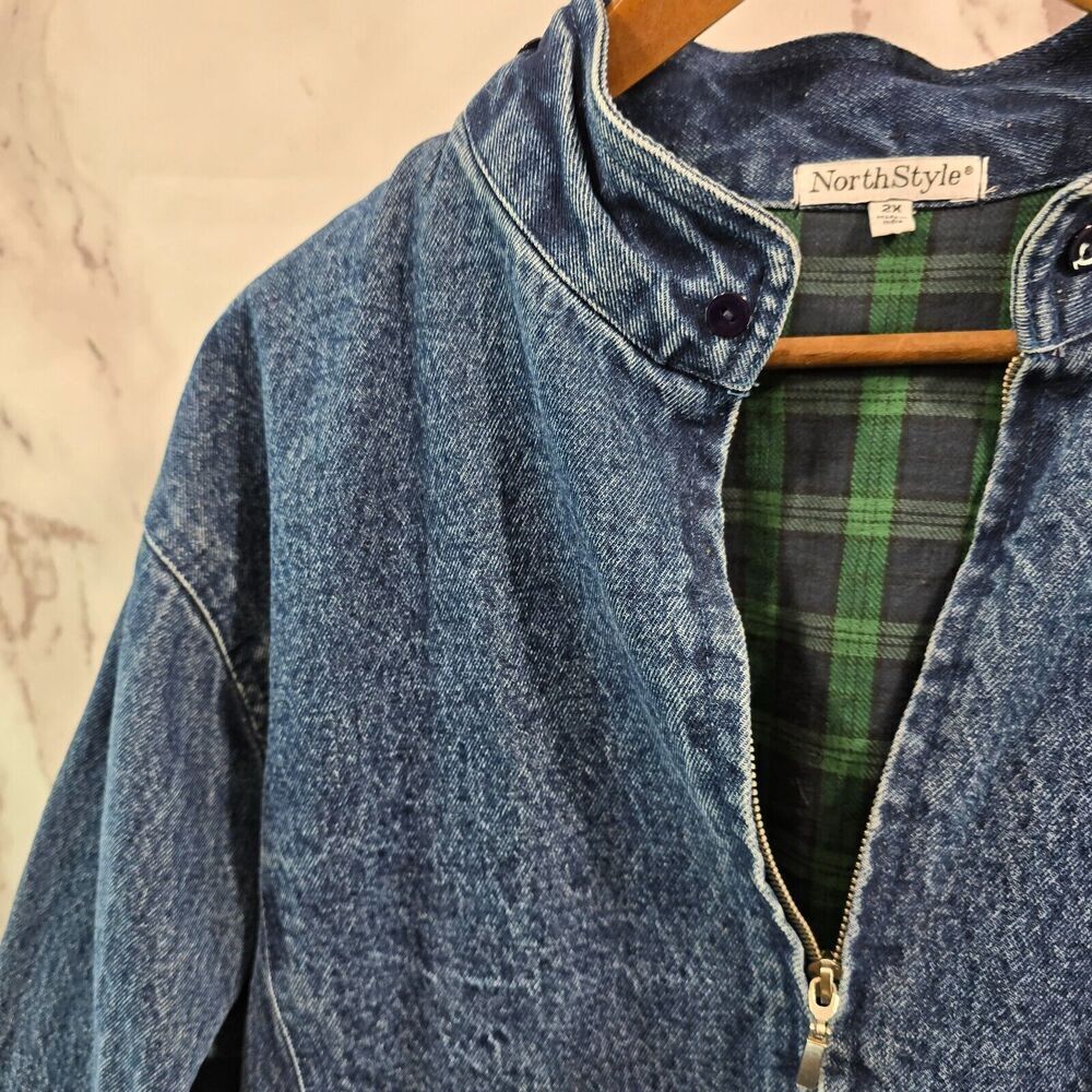Vintage Denim Jacket Womns 3X Jean 80s 90s Flannel Lined Green Plaid Dark Medium - Picture 2 of 12